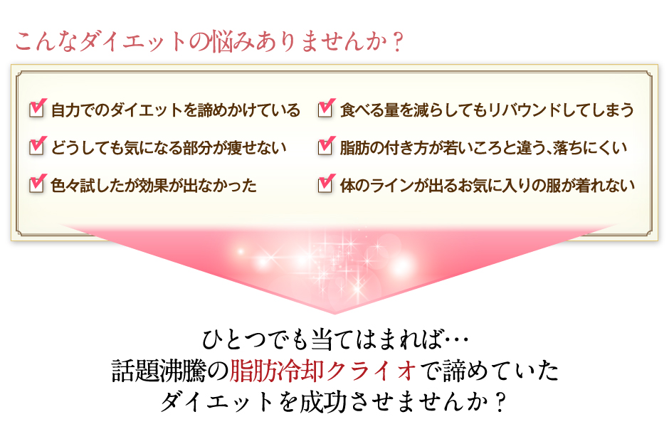 こんなダイエットの悩みありませんか？「自力でのダイエットを諦めかけている。どうしても気になる部分が痩せない。色々試したが効果が出なかった。食べる量を減らしてもリバウンドしてしまう。脂肪の付き方が若いころと違う、落ちにくい。体のラインが出るお気に入りの服が着れない」