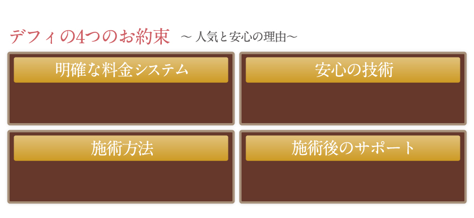 デフィの4つのお約束～人気と安心の理由～「明確な料金システム。安心の技術。施術方法。施術後のサポート」